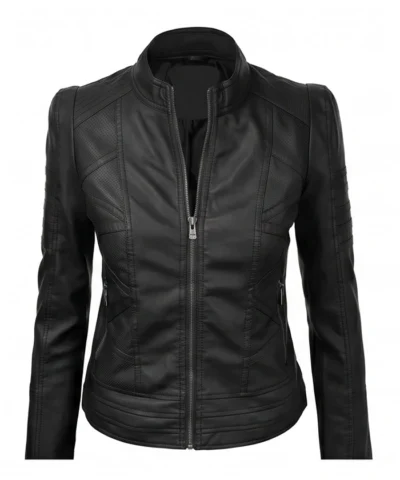Womens Black Leather Biker Jacket Front View