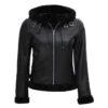 Womens Hooded Shearling Black Leather Jacket
