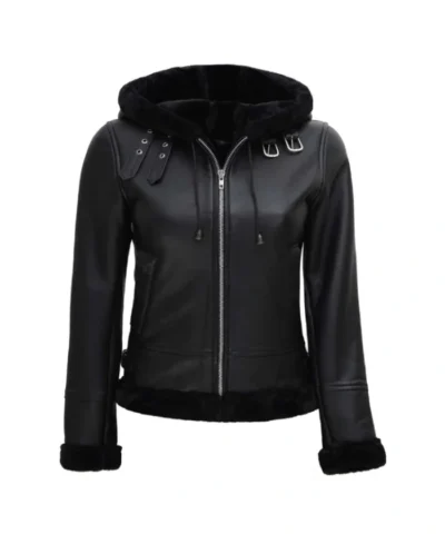 Womens Hooded Shearling Black Leather Jacket