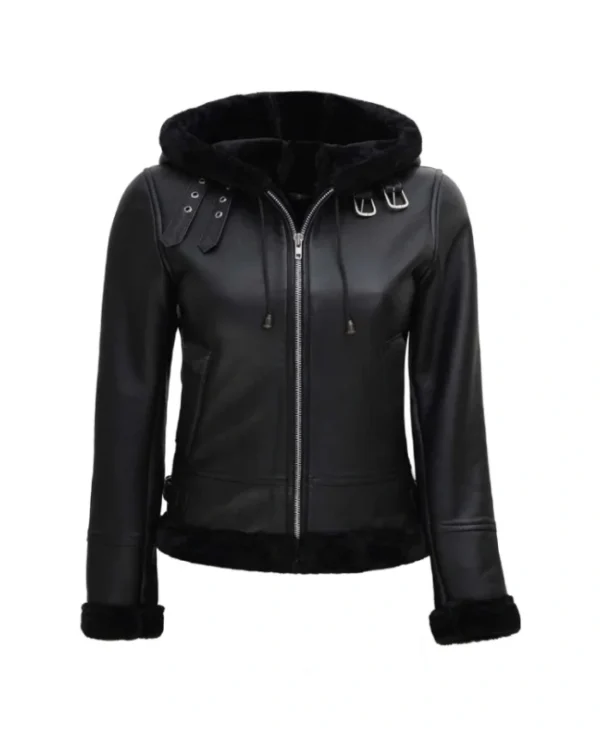 Womens Hooded Shearling Black Leather Jacket