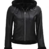 Womens Black Leather Hooded Shearling Jacket Front View