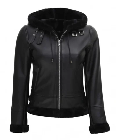Womens Black Leather Hooded Shearling Jacket Front View