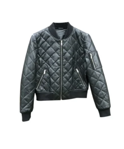 Womens Quilted Biker Bomber Black Leather Jacket