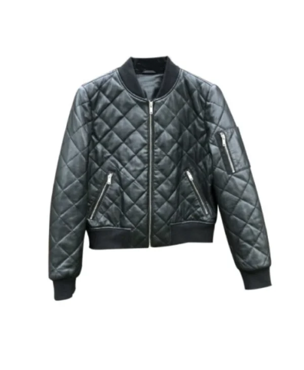 Womens Quilted Biker Bomber Black Leather Jacket