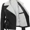 Womens Black Shearling Belted Leather Jacket Back View