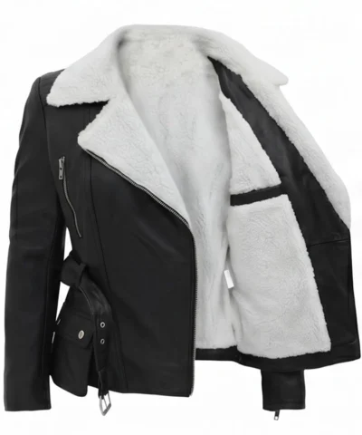 Womens Black Shearling Belted Leather Jacket Back View