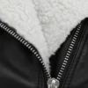 Womens Black Shearling Belted Leather Jacket Close Up Shearling and Front Zip