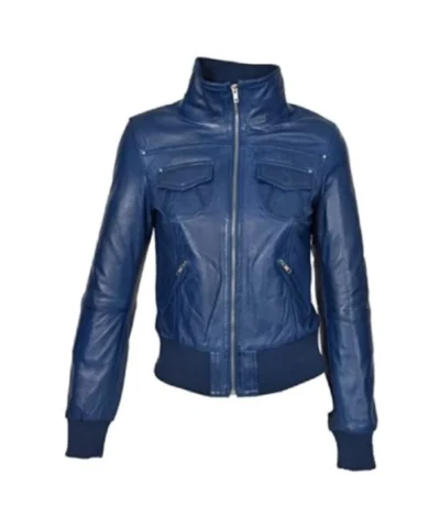Women’s Slim-Fit Blue Bomber Leather Jacket