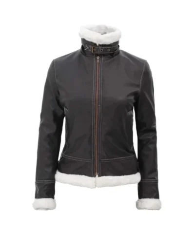 Womens Bomber Leather Jacket with Removable Hood
