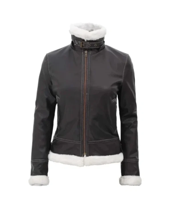 Womens Bomber Leather Jacket with Removable Hood