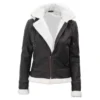 Womens Bomber Fur Lined Leather Jacket with Removable Hood