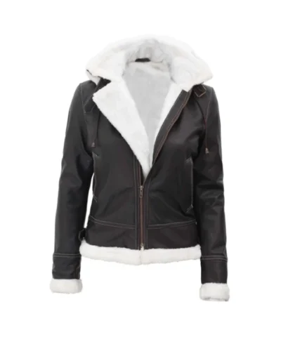 Womens Bomber Fur Lined Leather Jacket with Removable Hood