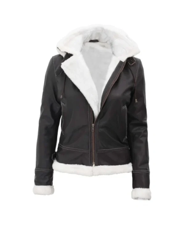 Womens Bomber Fur Lined Leather Jacket with Removable Hood