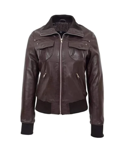 Women’s Brown Slim Fit Bomber Leather Jacket