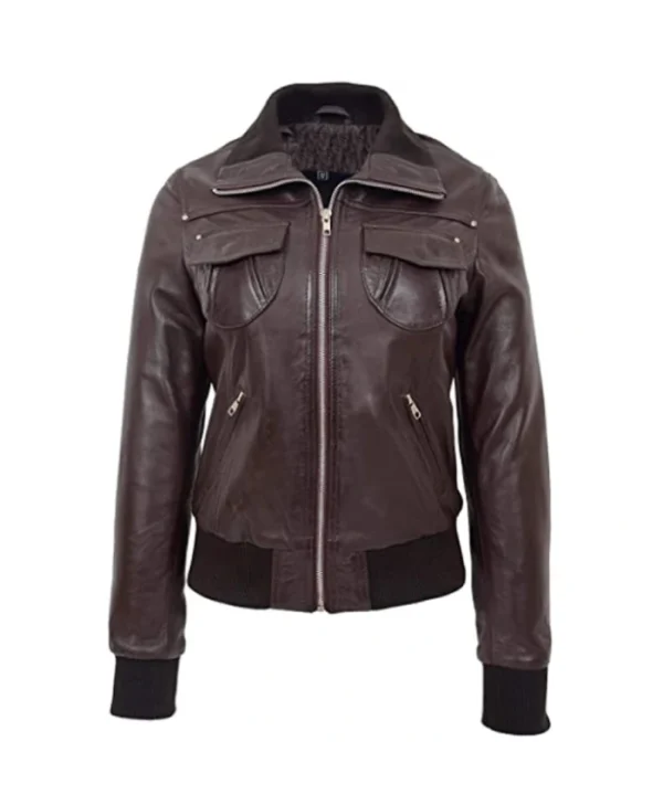 Women’s Brown Slim Fit Bomber Leather Jacket