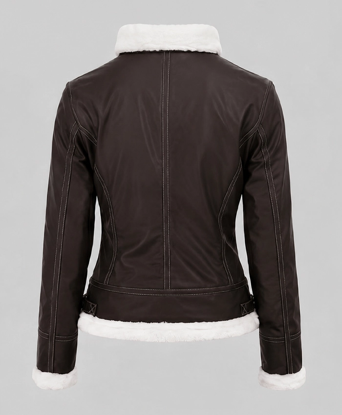 Womens Brown Shearling Jacket With Removable Hood For Womens