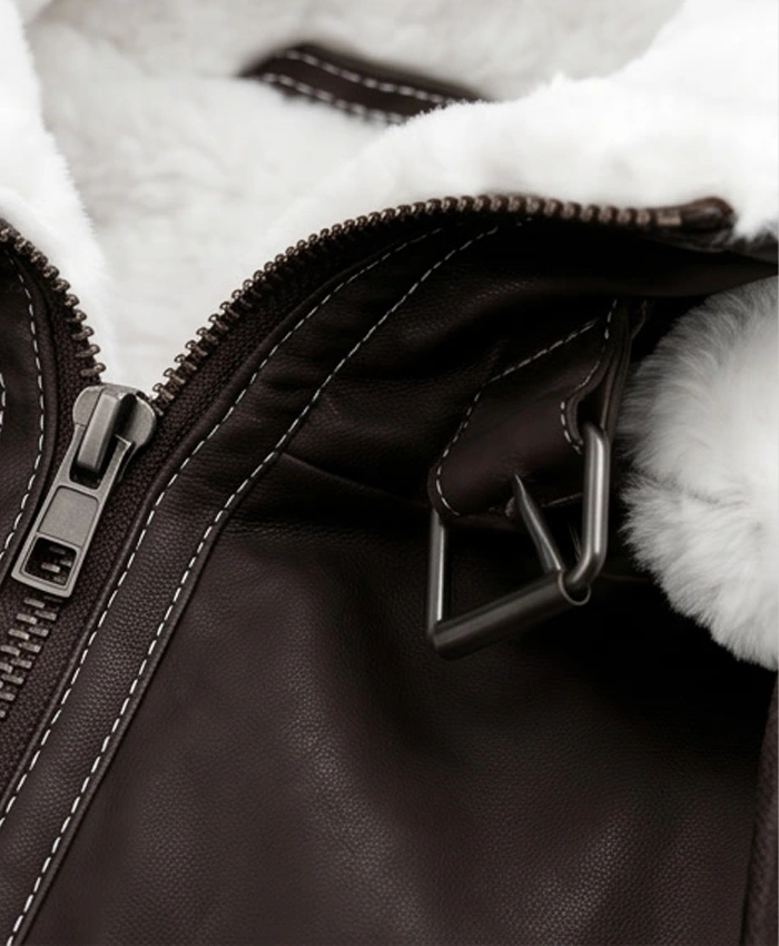 Womens Brown Shearling Jacket With Removable Hood Women