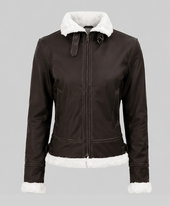 Womens Brown Shearling Jacket With Removable Hood Womens
