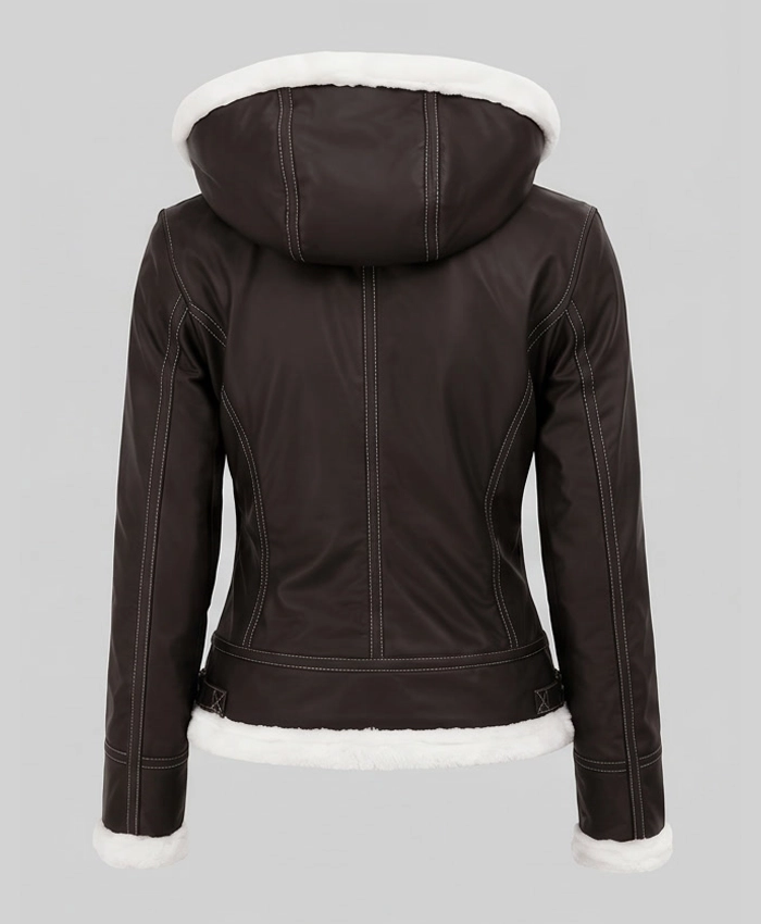Womens Brown Shearling Jacket With Removable Hood