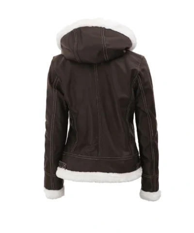 Womens Brown Shearling Removable Hood Jacket