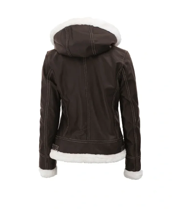 Womens Brown Shearling Removable Hood Jacket