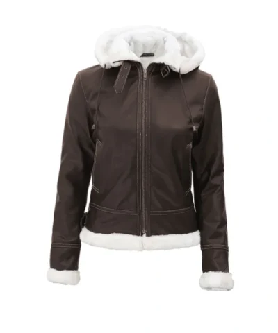 Womens Brown Shearling Leather Jacket with Removable Hood