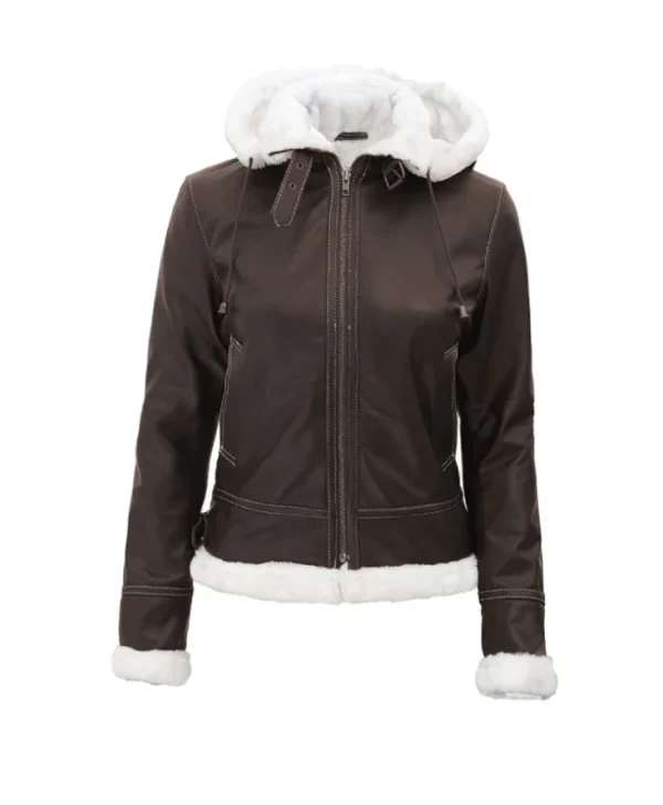 Womens Brown Shearling Leather Jacket with Removable Hood