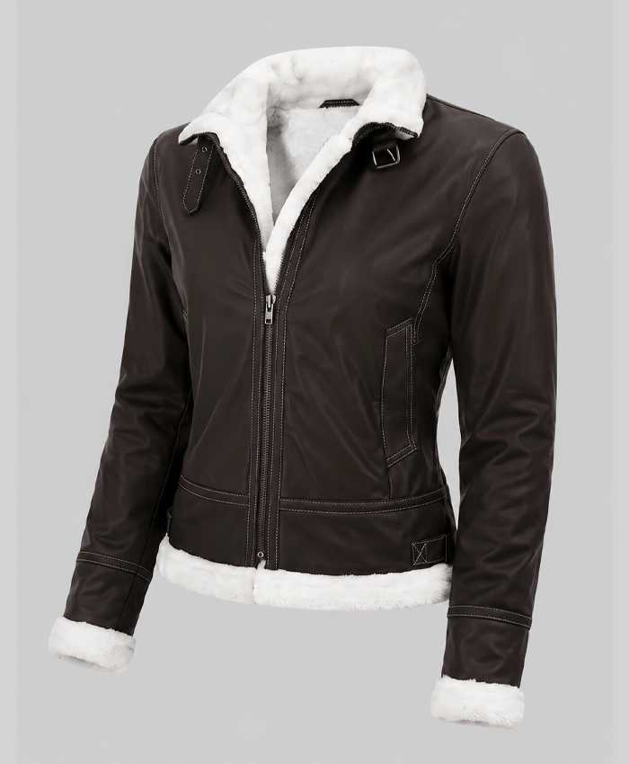 Womens Brown Shearling leather Jacket With Removable Hood