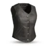 Button-Up Moto Black Leather Vest For Womens