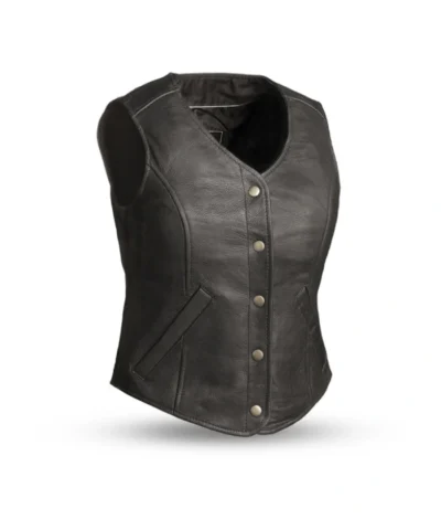 Button-Up Moto Black Leather Vest For Womens