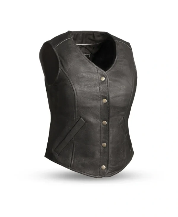 Button-Up Moto Black Leather Vest For Womens