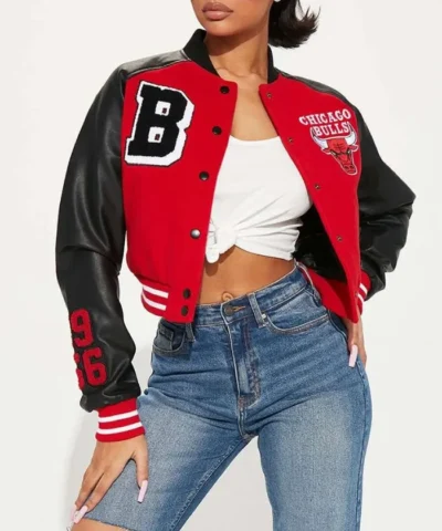 Women’s Chicago Bulls Red and Black Varsity WoolLeather Jacket