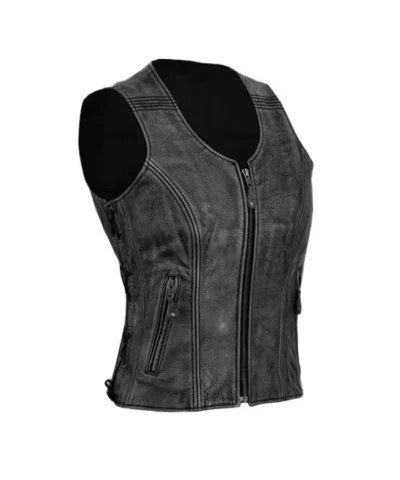 Classic Black Distressed Biker Leather Vest For Women’s