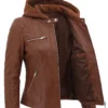 Womens Cognac Biker Hooded Leather Brown Jacket
