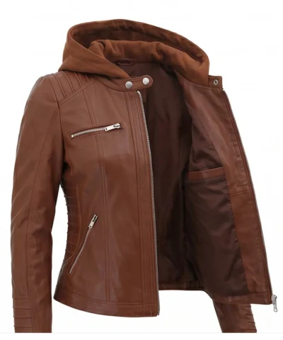 Womens Cognac Biker Hooded Leather Brown Jacket