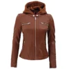 Shop Women’s Cognac Brown Leather Biker Jacket with Attached Hood