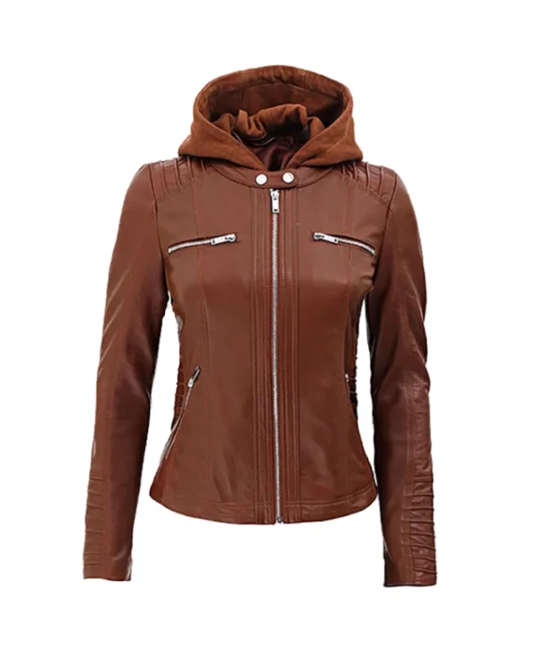 Shop Women’s Cognac Brown Leather Biker Jacket with Attached Hood