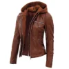Women’s Cognac Biker Hooded Leather Jacket
