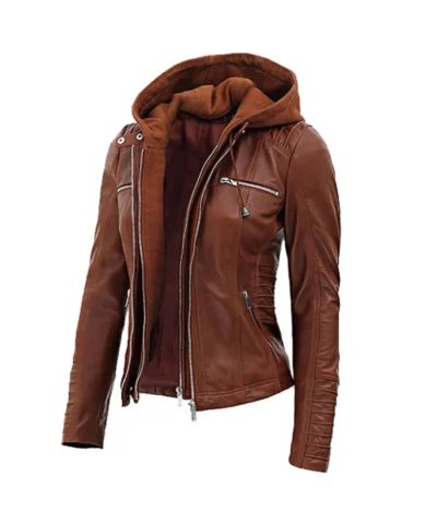 Women’s Cognac Biker Hooded Leather Jacket