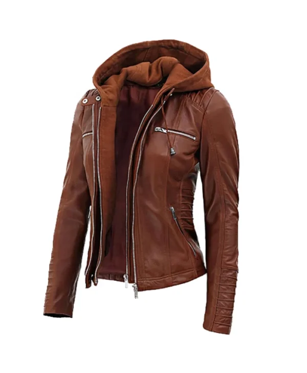 Women’s Cognac Biker Hooded Leather Jacket