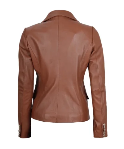 Double Breasted Womens Cognac Brown Leather Blazer