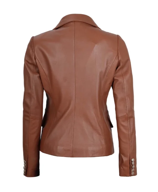 Double Breasted Womens Cognac Brown Leather Blazer