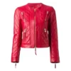Women’s Collarless Quilted Red Leather Jacket