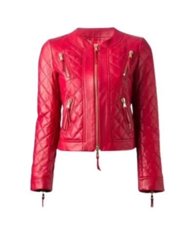 Women’s Collarless Quilted Red Leather Jacket