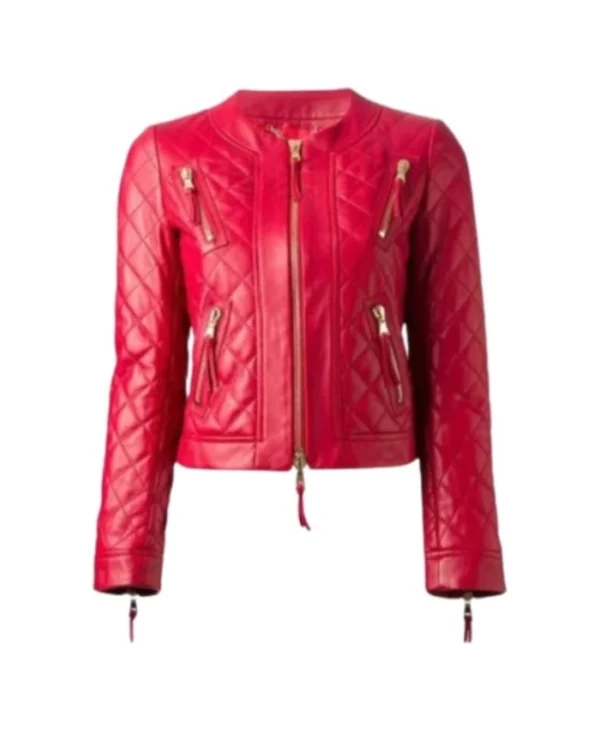 Women’s Collarless Quilted Red Leather Jacket