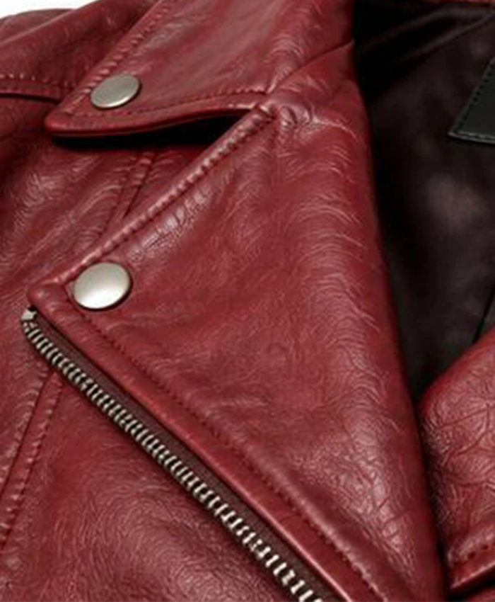 Womens Dame Red Double Rider Leather Biker Jacket Close Up Collar