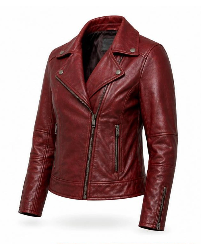 Womens Dame Red Double Rider Leather Biker Jacket