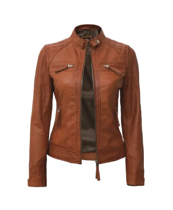 Diamond Tan Motorcycle Biker Leather Jacket For Womens