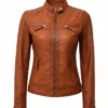 Womens Diamond Tan Biker Leather Jacket Front View