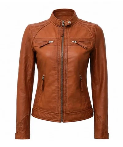 Womens Diamond Tan Biker Leather Jacket Front View